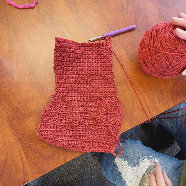 Crochet project showing uneven beginner stitches made from YouTube tutorials next to a neat, even swatch created after an in-person lesson.