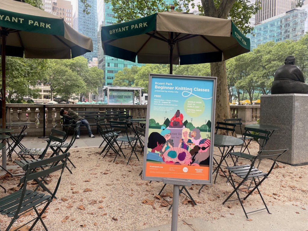 Photo of free beginner knitting classes offered at Bryant Park