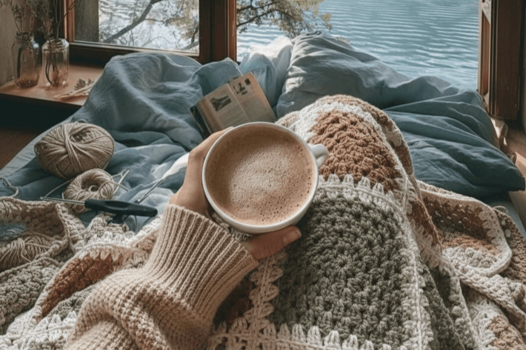 A person wrapped in a crochet blanket holds a warm mug of coffee while sitting near a window with yarn, hooks, and an open book nearby.